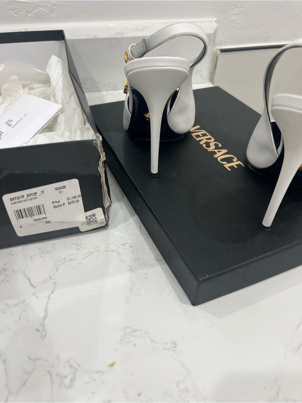 Versace White Leather High-Heel Sandals with Gold Medusa Buckle